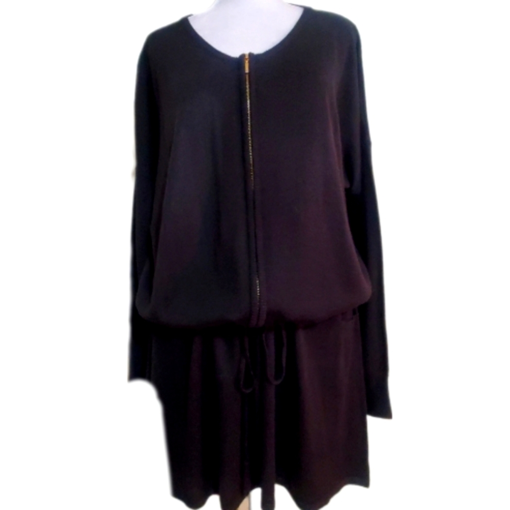 Calvin Klein black knit front zip drawstring blouson sweater mini dress. L.